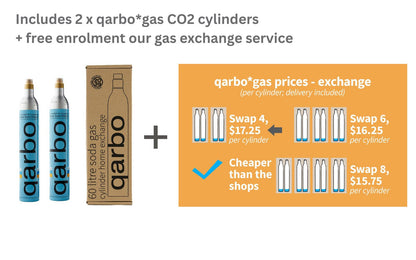 qarbo LUXE -Sparkling Water and Beverage Maker Starter Bundle with 2 x CO2 Cylinders and 3 x Free Syrups