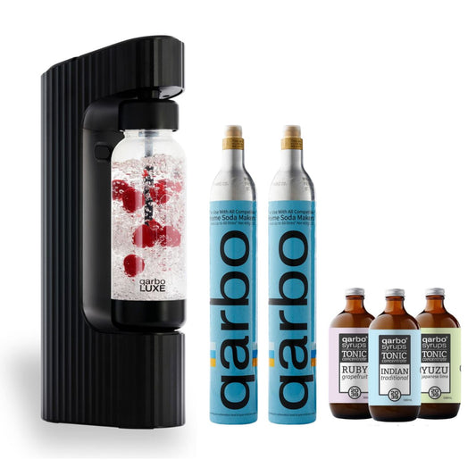 qarbo LUXE -Sparkling Water and Beverage Maker Starter Bundle with 2 x CO2 Cylinders and 3 x Free Syrups