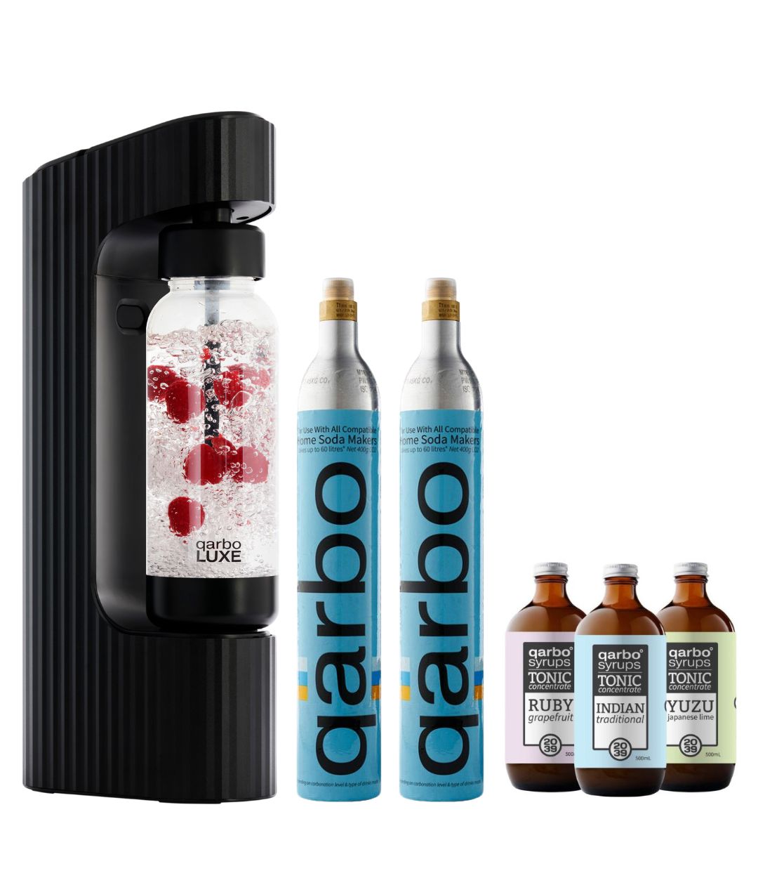 qarbo LUXE -Sparkling Water and Beverage Maker Starter Bundle with 2 x CO2 Cylinders and 3 x Free Syrups