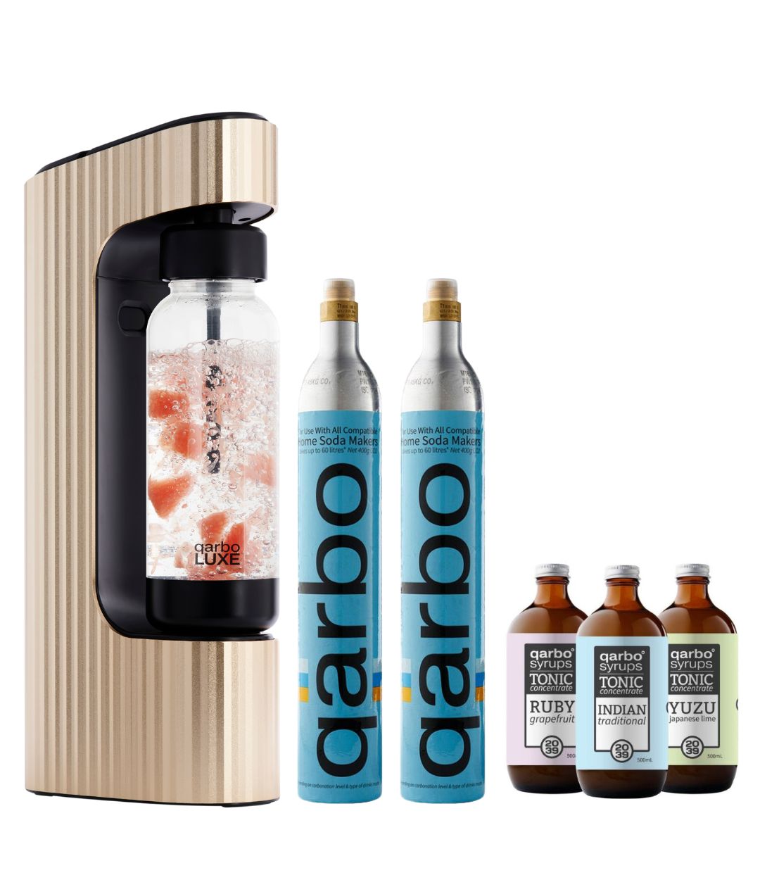 qarbo LUXE -Sparkling Water and Beverage Maker Starter Bundle with 2 x CO2 Cylinders and 3 x Free Syrups