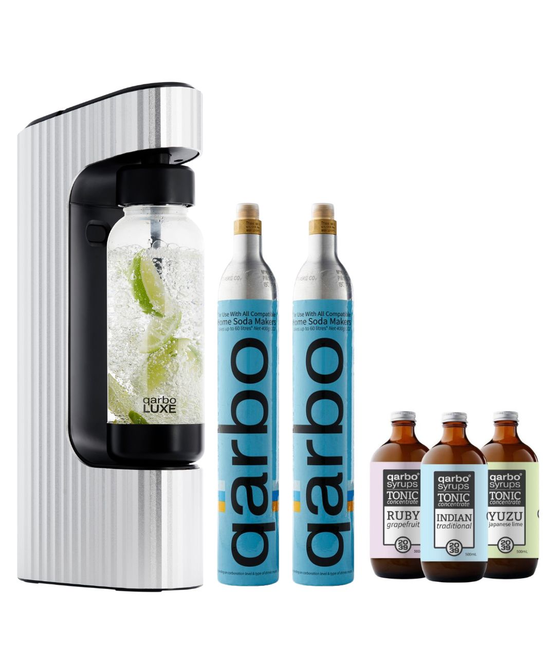 qarbo LUXE -Sparkling Water and Beverage Maker Starter Bundle with 2 x CO2 Cylinders and 3 x Free Syrups