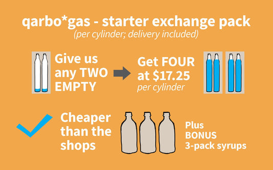 qarbo*gas - Starter Refill EXCHANGE bundle - 4 x 60L Cylinders + Free 3-Pack of qarbo˚syrups - Twenty-39
